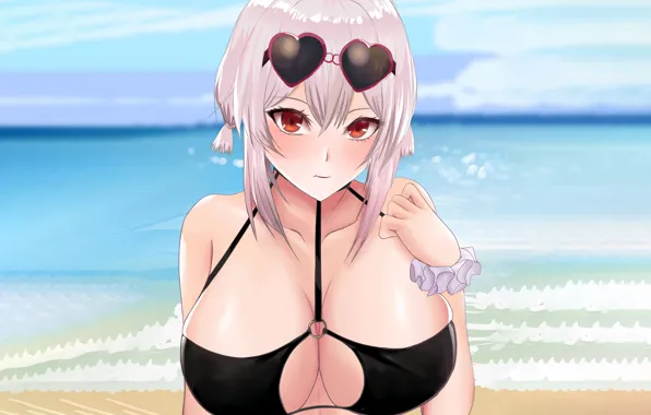 Picture girl, sexy, cleavage, beach, pink hair, sea, boobs, anime