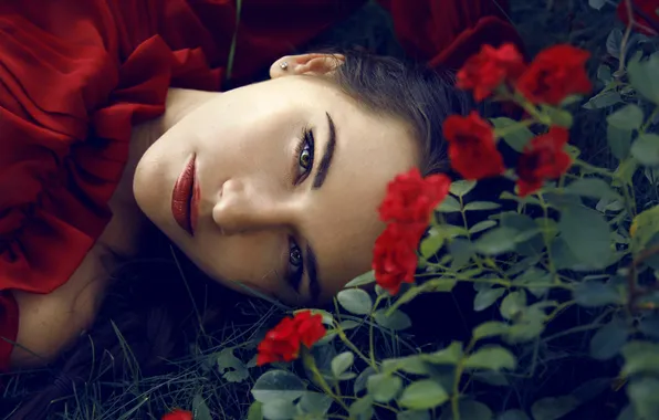 Look, girl, flowers, red