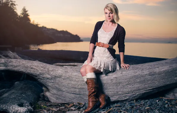 Picture girl, lake, hair, boots, lips, blouse, twilight, driftwood
