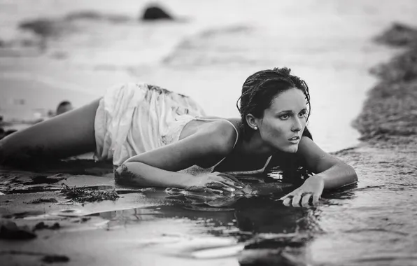 Girl, wet, beach, dress, eyes, hair