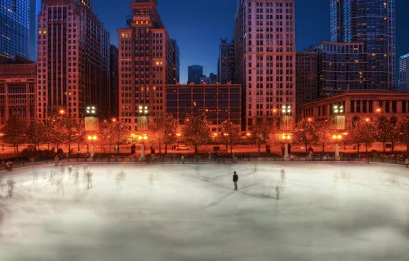 Winter, the city, the evening, Chicago, rink, USA, Chicago, illinois