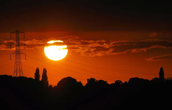 The sky, the sun, clouds, trees, sunset, wire, silhouette, support