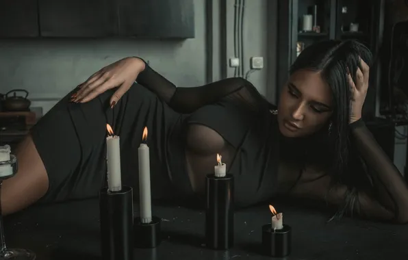 Picture chest, pose, Girl, candles, dress, brunette, lies, Louis of Navarre