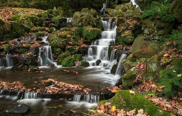 Autumn, leaves, stream, waterfall, Germany, cascade