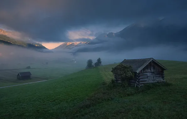 Greens, field, clouds, mountains, clouds, fog, the slopes, Alps