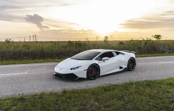 Picture Lamborghini, Grass, Green, Sunset, White, VAG, Huracan