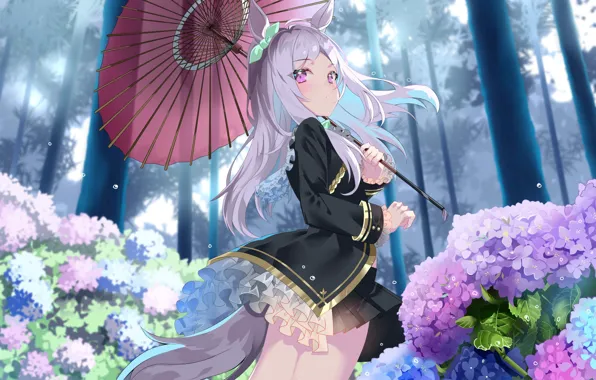 Picture girl, trees, umbrella, hydrangea, Mejiro McQueen, by Sho, Uma Musume: Pretty Derby