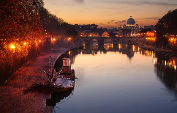 The sky, clouds, sunset, reflection, lamp, boat, mirror, Rome