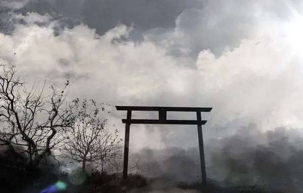 Trees, overcast, torii
