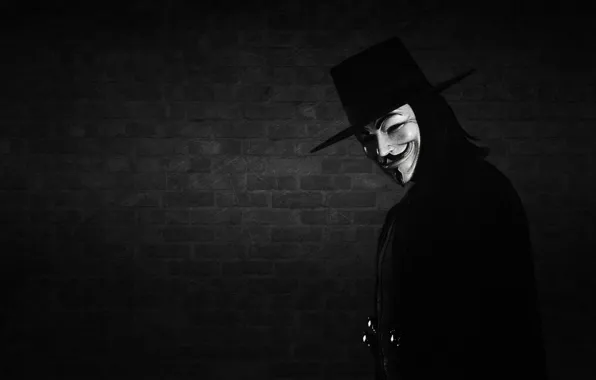 Picture smile, wall, mask, black-and-white background, V for Vendetta, Anonymous, V for vendetta