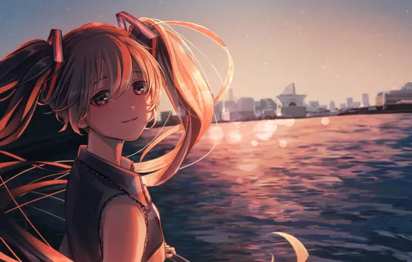 The sky, water, girl, the city, Hatsune Miku, Vocaloid
