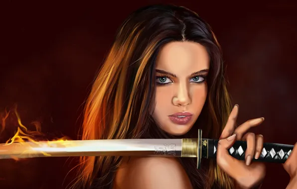 Picture eyes, look, girl, face, weapons, fire, hair, katana