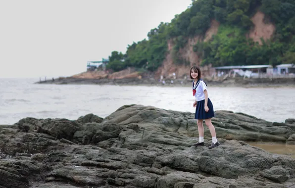 Asian, Model, Beach, Woman, Pretty, Japanese, Uniform, Shore