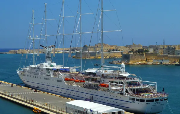 The sky, the city, rocks, ship, home, sailboat, pier, fortress