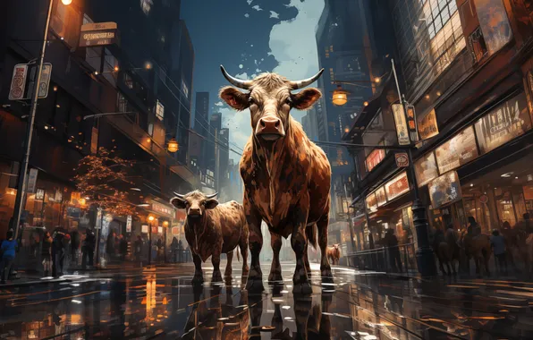 Home, The evening, Road, The city, Lights, Two, Bulls, Digital art