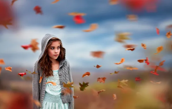 Autumn, leaves, the wind, girl, Flurry