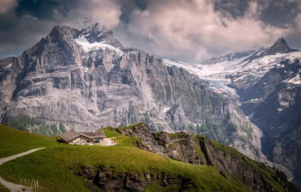 Clouds, flight, mountains, house, rocks, height, house, paraglider