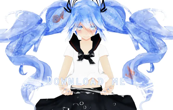 Vocaloid, hatsune miku, blue, anime, water, art, hair, fish