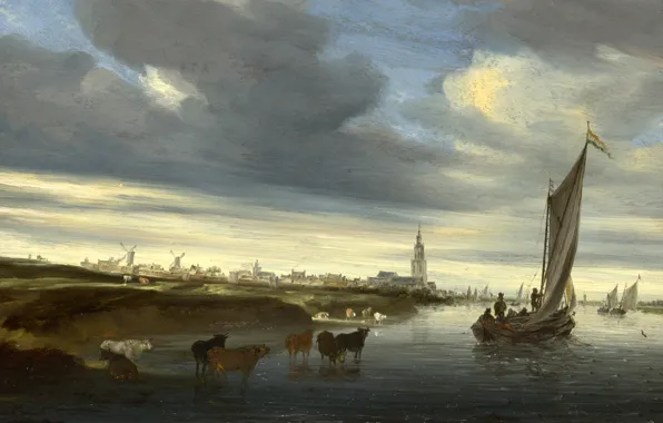 The sky, clouds, landscape, boat, tower, picture, cows, mill