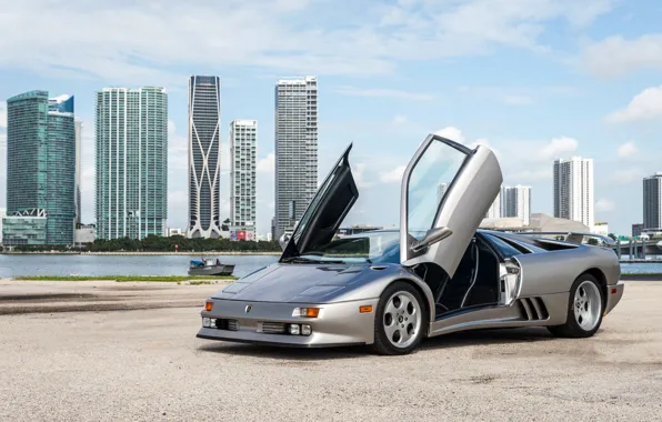 Lamborghini, silver, Diablo, Lambo doors, Lamborghini Diablo SE30