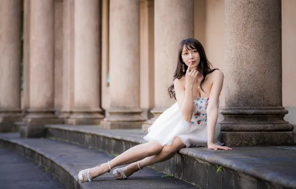 Look, girl, hair, steps, Asian, sitting