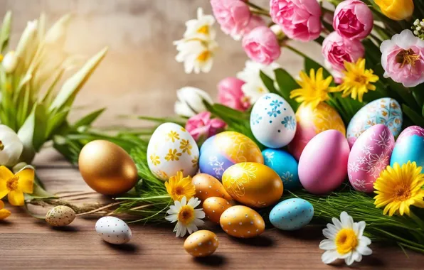 Flowers, eggs, spring, colorful, Easter, happy, flowers, spring
