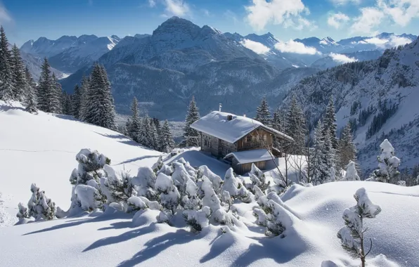 Winter, snow, mountains, Austria, ate, Alps, the snow, house
