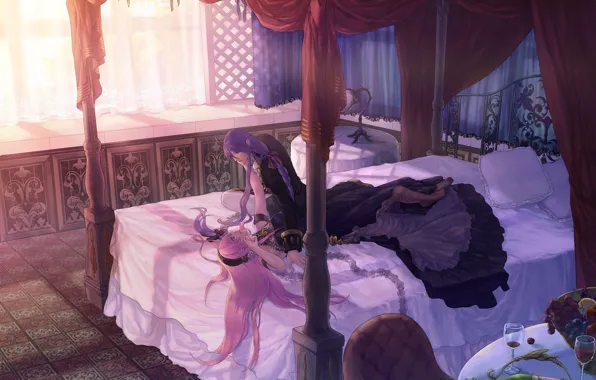 Table, bottle, bed, chair, window, fruit, vocaloid, Vocaloid