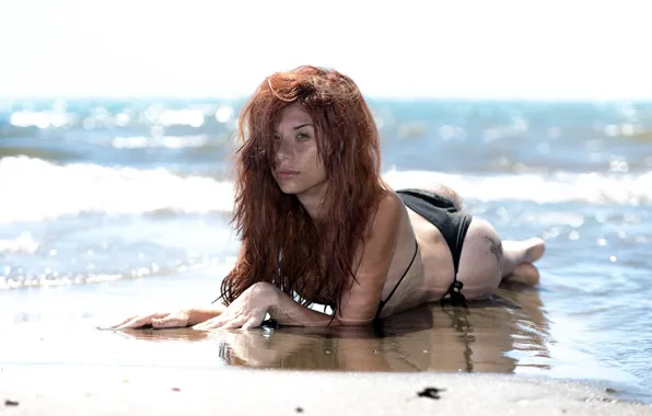 Sea, hair, red, bikini, redhead, Antonella Petrelli
