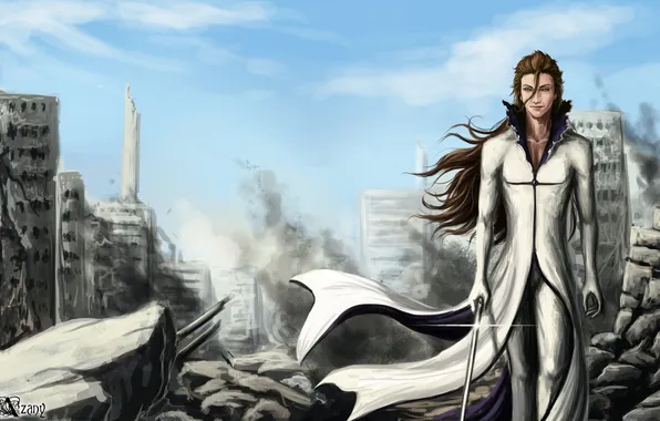 Look, the city, smile, weapons, destruction, sword, guy, Bleach