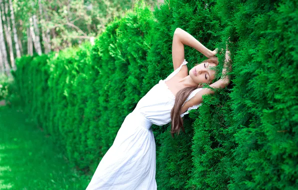 Picture BLONDE, FOREST, NATURE, GRASS, GREENS, WHITE, DRESS, NEEDLES