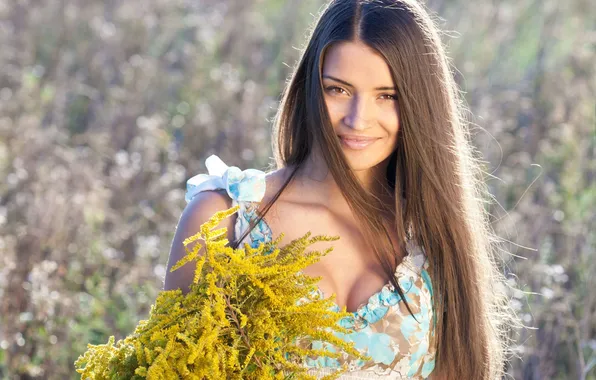 Field, girl, flowers, smile, dress, brunette, long hair