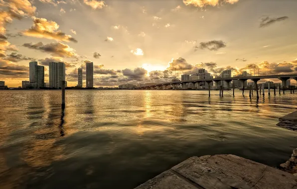 Clouds, sunset, bridge, the city, river, building, home, Miami