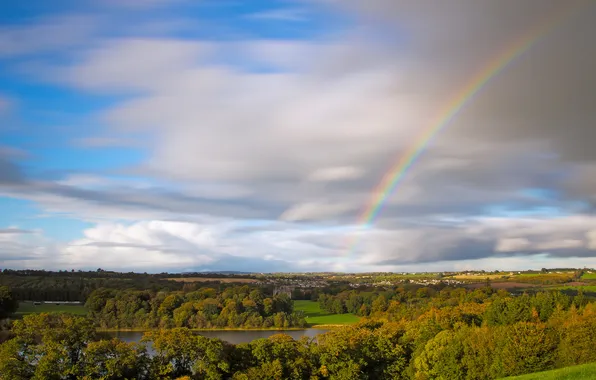Autumn, the sky, clouds, trees, rainbow, Ireland