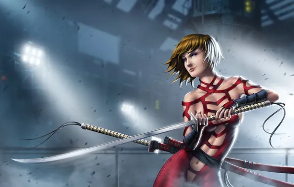 Girl, sword, katana, samurai, costume, art