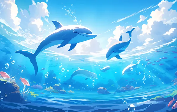 Water, Clouds, Dolphins, Underwater world, Digital art, AI art, The Art of Artificial Intelligence, Neural …