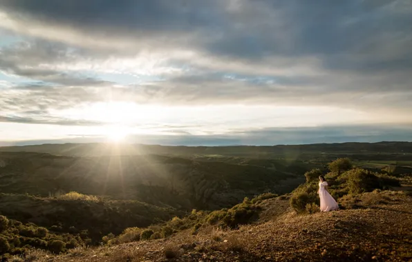 The sky, girl, landscape, nature, romance, dal, dress, long hair