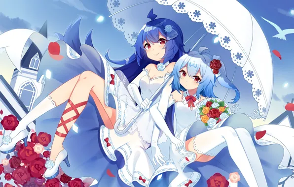 Flowers, Girls, Umbrella, Roses