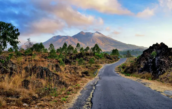 Road, clouds, mountains