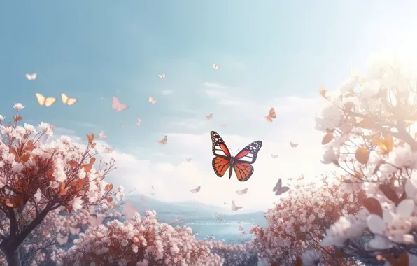 The sky, clouds, flight, butterfly, flowers, nature, butterfly, spring