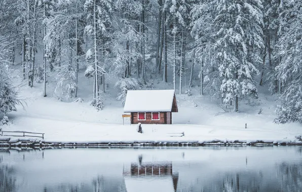 Ice, house, winter, lake, snow