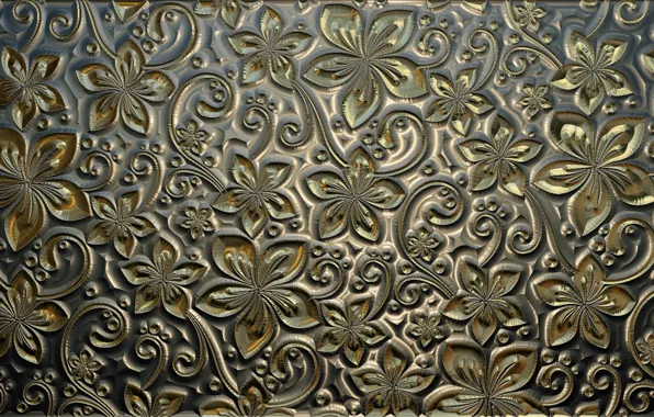 Flowers, metal, lights, background, pattern, curls, silver, Shine