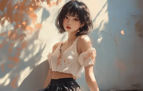 Picture portrait, white clothing, paint brushes, black skirts, MRS, Asian, AI art