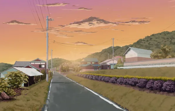 Picture road, greens, the sky, hills, posts, wire, home, Japan