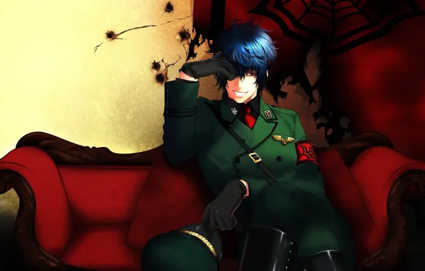 Smile, sofa, gloves, emblem, cap, art, military uniform, yone kazuki