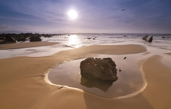 Picture sand, sea, the sun, stones, shore, Sunset