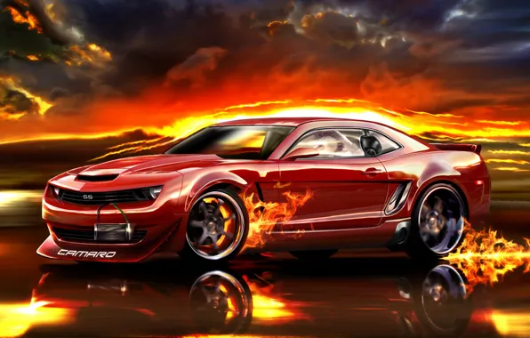 Road, red, fire, speed, Camaro, car