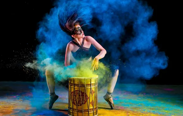 Picture girl, music, paint, color, dust, drum