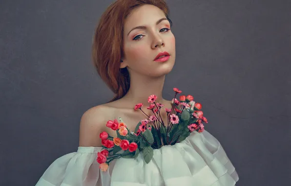 Look, girl, flowers, face, mood, portrait, makeup, neckline