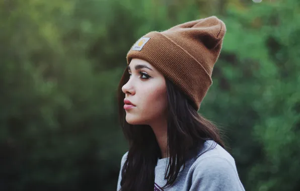 Picture girl, background, model, hat, portrait, makeup, brunette, hairstyle